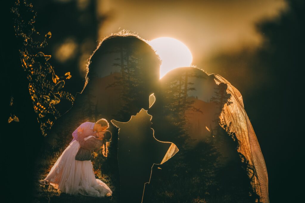 double exposure with bride and groom at the sunset Signature Photo by 4Karma Studio
