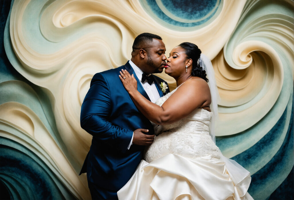 San Francisco Bay Area Micro Wedding-African-American couple portrait with abstract blue and white background - San Francisco - 4Karma Studio