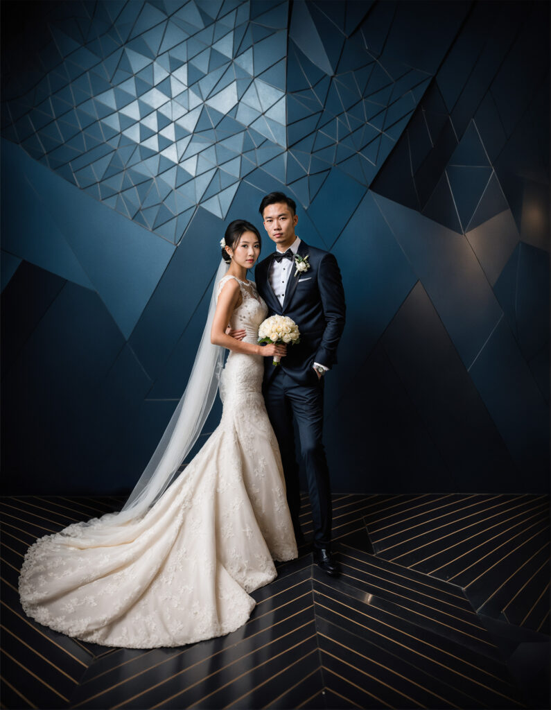 San Francisco Bay Area Micro Wedding-Asian-American couple with a geometric abstract background - San Francisco - 4Karma Studio