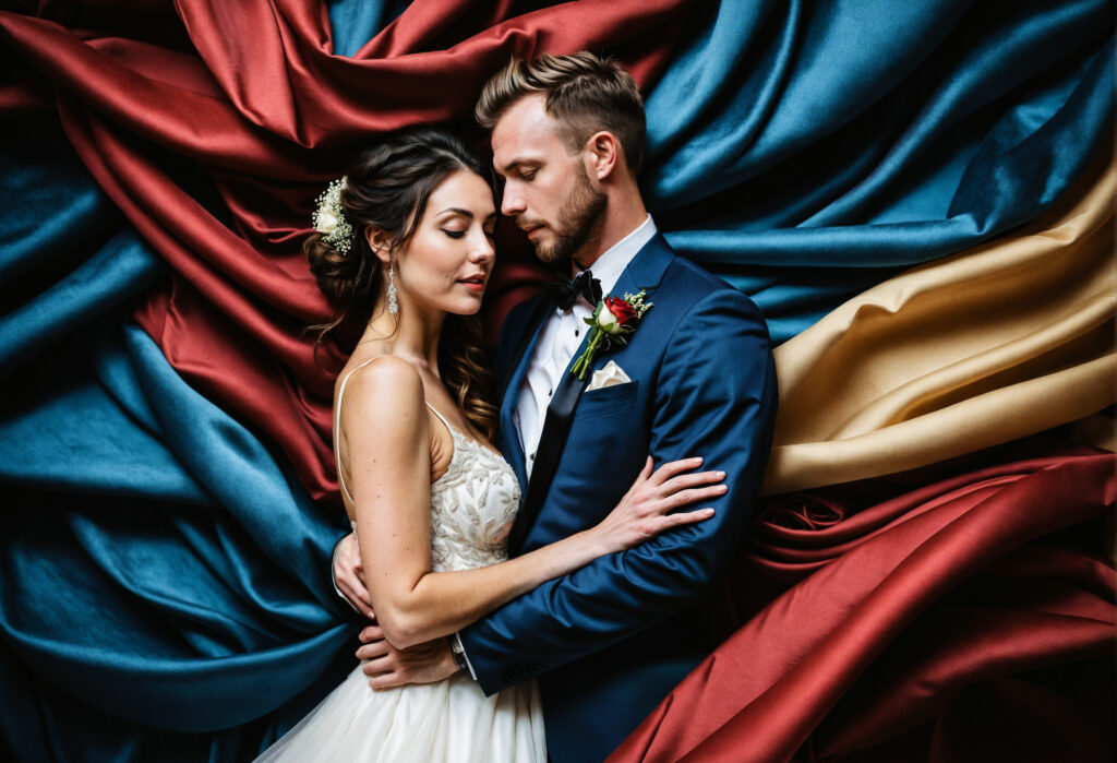 San Francisco Bay Area Micro Wedding-Couple portrait with abstract blue, red, gold background - San Francisco - 4Karma Studio