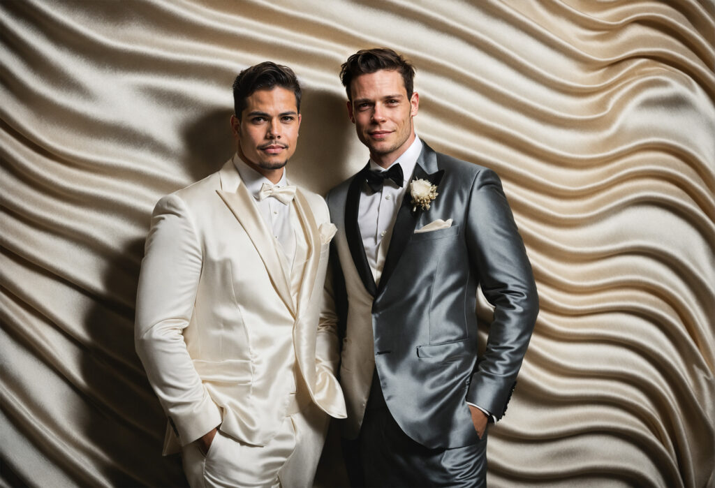 San Francisco Bay Area Micro Wedding-Same-sex couple portrait with abstract white waves background - San Francisco - 4Karma Studio