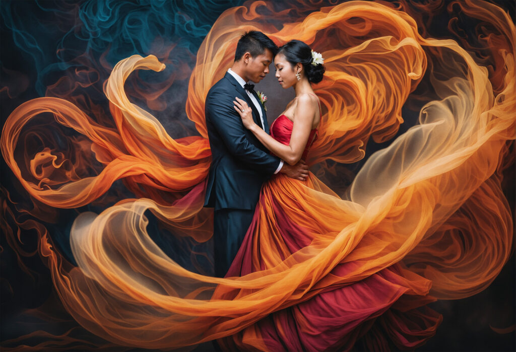 San Francisco Bay Area Micro Wedding-Chinese couple portrait with swirling dress fabric - San Francisco - 4Karma Studio