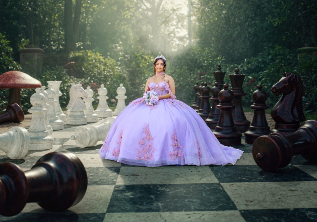 A young woman in a stunning quinceañera dress posing elegantly in an outdoor setting.